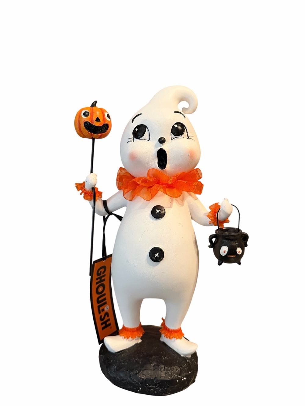 Ghoulish White Ghost Halloween Figurine with Pumkin and cauldron
